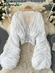 Cyflymder Summer Sexy Draped Chiffon Blouse For Women Elegant V-Neck Puff Long Sleeve Short Tops Female Slim Party