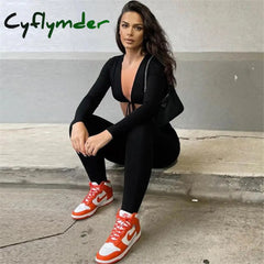 Cyflymder Summer Sexy Female Jumpsuit V-Neck Long Sleeve Bodycon Hollow Out Jogger Club Body