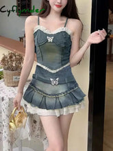 Summer Sexy Lace Sleeveless Korean Sets Women Retro Bow Casual Aesthetic Y2k Tops + Ruched Slim Elegant Party Mini Skirt 2024