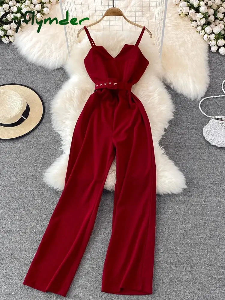 Cyflymder Summer Sexy Women Romper Female Red/Orange/Black Sleeveless High Waist V-Neck Wide Leg Playsuit With Sashes