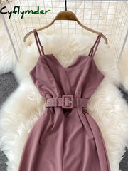 Cyflymder Summer Sexy Women Romper Female Red/Orange/Black Sleeveless High Waist V-Neck Wide Leg Playsuit With Sashes