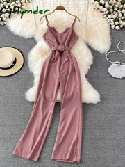 Cyflymder Summer Sexy Women Romper Female Red/Orange/Black Sleeveless High Waist V-Neck Wide Leg Playsuit With Sashes