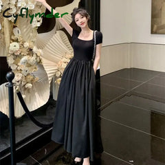 Cyflymder Summer Short Sleeve Black Dress Women Elegant Slim Patchwork Party Long Dresses Woman