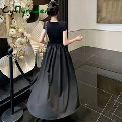 Cyflymder Summer Short Sleeve Black Dress Women Elegant Slim Patchwork Party Long Dresses Woman