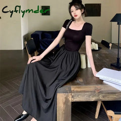 Cyflymder Summer Short Sleeve Black Dress Women Elegant Slim Patchwork Party Long Dresses Woman