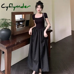 Summer Short Sleeve Black Dress Women Elegant Slim Patchwork Party Long Dresses Woman Fashion Square Collar Maxi Dress