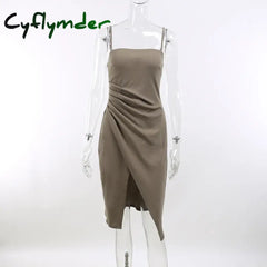 Cyflymder Summer Sling Long Dresses Women Side Split Ruched Solid Dress Elegant Party Club Sexy