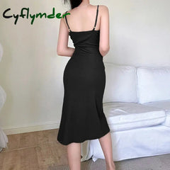 Cyflymder Summer Sling Long Dresses Women Side Split Ruched Solid Dress Elegant Party Club Sexy