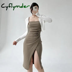 Cyflymder Summer Sling Long Dresses Women Side Split Ruched Solid Dress Elegant Party Club Sexy