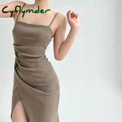 Cyflymder Summer Sling Long Dresses Women Side Split Ruched Solid Dress Elegant Party Club Sexy