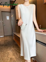 Cyflymder Summer Solid Silk Long Mid-Calf Party Dresses Elegant Women’s Satin Dress Sexy V-Neck