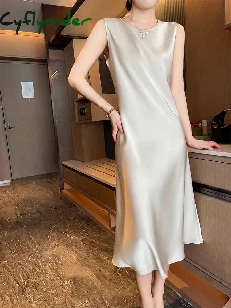 Summer Solid Silk Long Mid-Calf Party Dresses Elegant Women's Silk Satin Dress Sexy V-Neck and O-Neck Korean Casual Dress