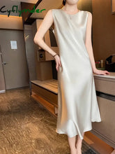 Summer Solid Silk Long Mid-Calf Party Dresses Elegant Women's Silk Satin Dress Sexy V-Neck and O-Neck Korean Casual Dress