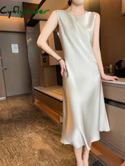 Summer Solid Silk Long Mid-Calf Party Dresses Elegant Women's Silk Satin Dress Sexy V-Neck and O-Neck Korean Casual Dress