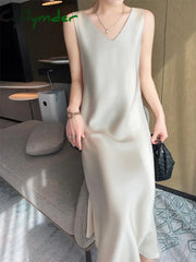 Cyflymder Summer Solid Silk Long Mid-Calf Party Dresses Elegant Women’s Satin Dress Sexy V-Neck