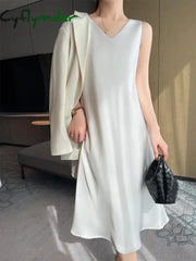 Cyflymder Summer Solid Silk Long Mid-Calf Party Dresses Elegant Women’s Satin Dress Sexy V-Neck