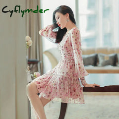 Cyflymder Summer Sundress Ruffle Short Dresses Floral Elegant Women Chiffon Dress Holiday Sweet