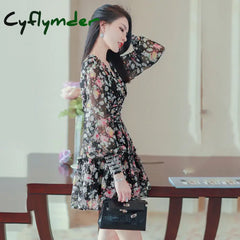 Cyflymder Summer Sundress Ruffle Short Dresses Floral Elegant Women Chiffon Dress Holiday Sweet