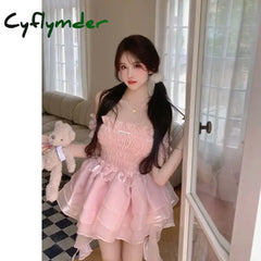 Cyflymder Summer Sweet Pink Fairy Dress Women Japanese Off Shoulder Sexy Kawaii Lolita Dress Female Casual Korean Style