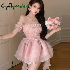 Cyflymder Summer Sweet Pink Fairy Dress Women Japanese Off Shoulder Sexy Kawaii Lolita Dress Female Casual Korean Style