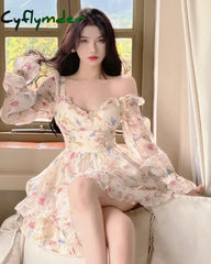 Cyflymder Summer Sweet V-Neck Floral Chiffon Dress Women Elegant Long Sleeve Ruffles Party Mini