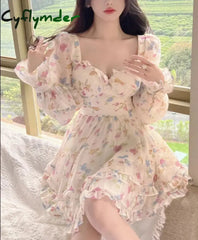 Cyflymder Summer Sweet V-Neck Floral Chiffon Dress Women Elegant Long Sleeve Ruffles Party Mini