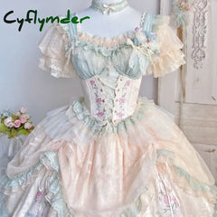 Cyflymder Summer Vintage Elegant Lolita Blouse Women Kawaii Ruffles O-Neck Bow Lace Slim Bandage Top Japanese Puff