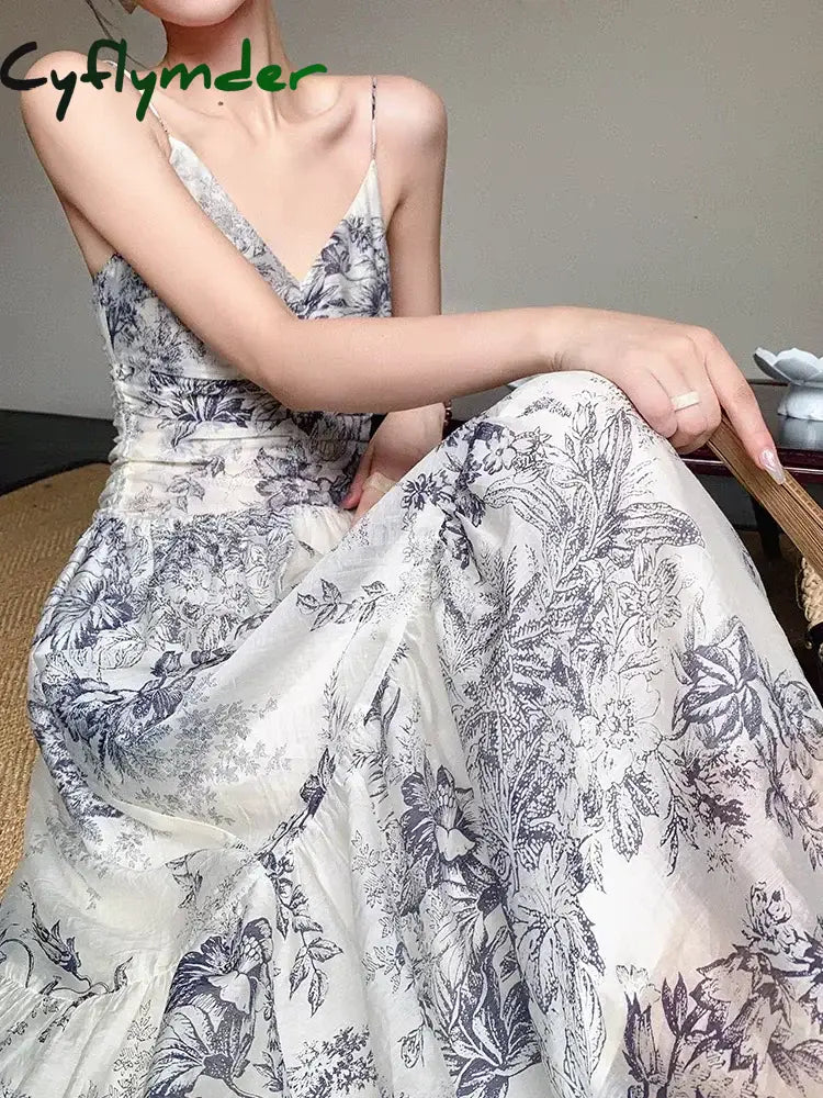 Cyflymder Summer Vintage Floral Beach Long Dresses Women Elegant Spaghetti Strap Party Prom Robe Female A-line Chiffon