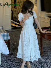 Cyflymder Summer White Midi Dress Hollow Out For Women Elegant Square Collar Puff Sleeve French