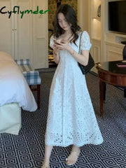 Cyflymder Summer White Midi Dress Hollow Out For Women Elegant Square Collar Puff Sleeve French