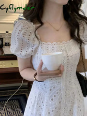Cyflymder Summer White Midi Dress Hollow Out For Women Elegant Square Collar Puff Sleeve French