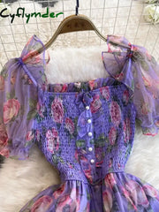 Cyflymder Summer Women Floral Mesh Midi Dress Sweet Square Collar Short Puff Sleeve Ruffle Vestidos Female Elegant