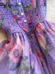 Cyflymder Summer Women Floral Mesh Midi Dress Sweet Square Collar Short Puff Sleeve Ruffle Vestidos Female Elegant