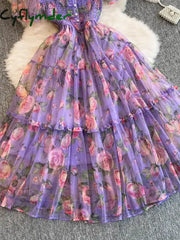 Cyflymder Summer Women Floral Mesh Midi Dress Sweet Square Collar Short Puff Sleeve Ruffle Vestidos Female Elegant