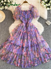 Cyflymder Summer Women Floral Mesh Midi Dress Sweet Square Collar Short Puff Sleeve Ruffle Vestidos Female Elegant
