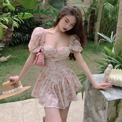 Cyflymder Summer Women Puff Sleeve Backless Midi Dress Vintage Floral Print Blue Sundress Elegant