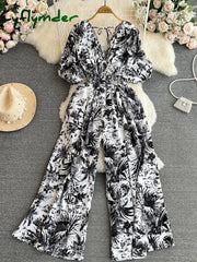 Cyflymder Summer Women Sexy V-Neck Puff Sleeve Printed Romper Female Black/Red/Blue/Yellow Wide Leg Jumpsuits Vacation