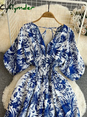 Cyflymder Summer Women Sexy V-Neck Puff Sleeve Printed Romper Female Black/Red/Blue/Yellow Wide Leg Jumpsuits Vacation