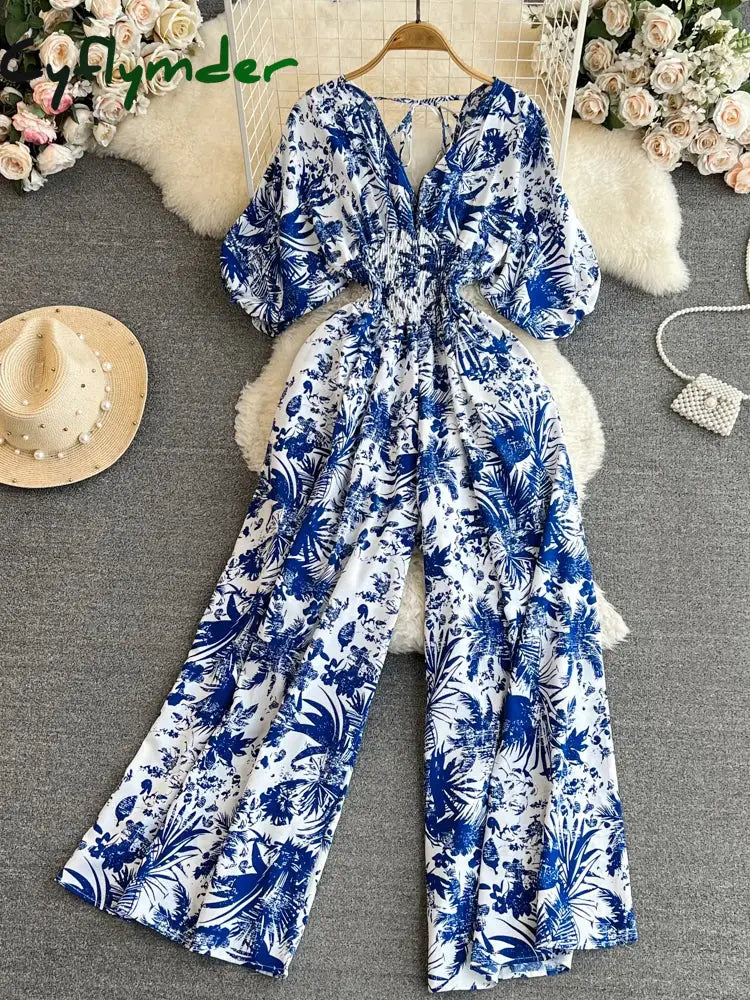 Cyflymder Summer Women Sexy V-Neck Puff Sleeve Printed Romper Female Black/Red/Blue/Yellow Wide Leg Jumpsuits Vacation