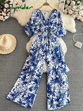 Cyflymder Summer Women Sexy V-Neck Puff Sleeve Printed Romper Female Black/Red/Blue/Yellow Wide Leg Jumpsuits Vacation