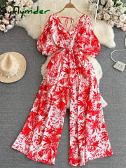 Cyflymder Summer Women Sexy V-Neck Puff Sleeve Printed Romper Female Black/Red/Blue/Yellow Wide Leg Jumpsuits Vacation