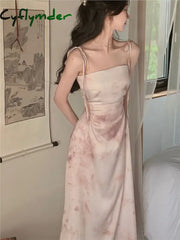 Summer Women Spaghetti Strap Elegant Midi Satin Dresses Vintage Wedding Evening Birthday Holiday Beach Backless Prom Clothes New