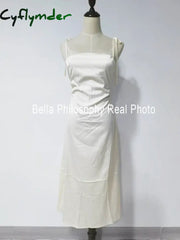 Cyflymder Summer Women Spaghetti Strap Elegant Midi Satin Dresses Vintage Wedding Evening Birthday