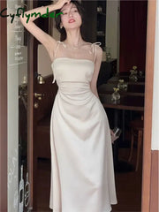 Cyflymder Summer Women Spaghetti Strap Elegant Midi Satin Dresses Vintage Wedding Evening Birthday
