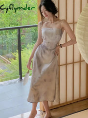 Cyflymder Summer Women Spaghetti Strap Elegant Midi Satin Dresses Wedding Evening Birthday Holiday