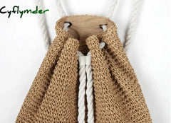 Cyflymder Summer Women Straw Backpack Handmade Beach Bag Drawstring Knapsack Knitted Crocheted