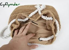 Cyflymder Summer Women Straw Backpack Handmade Beach Bag Drawstring Knapsack Knitted Crocheted
