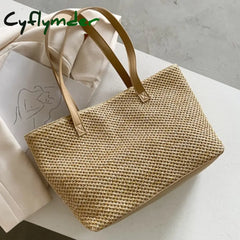 Cyflymder Summer Women’s Tote Bags Leisure Straw Woven Handbags Beach Travel Shopping