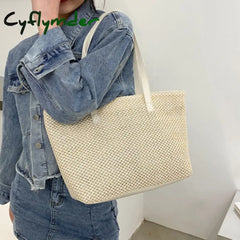 Cyflymder Summer Women’s Tote Bags Leisure Straw Woven Handbags Beach Travel Shopping Creamy-White