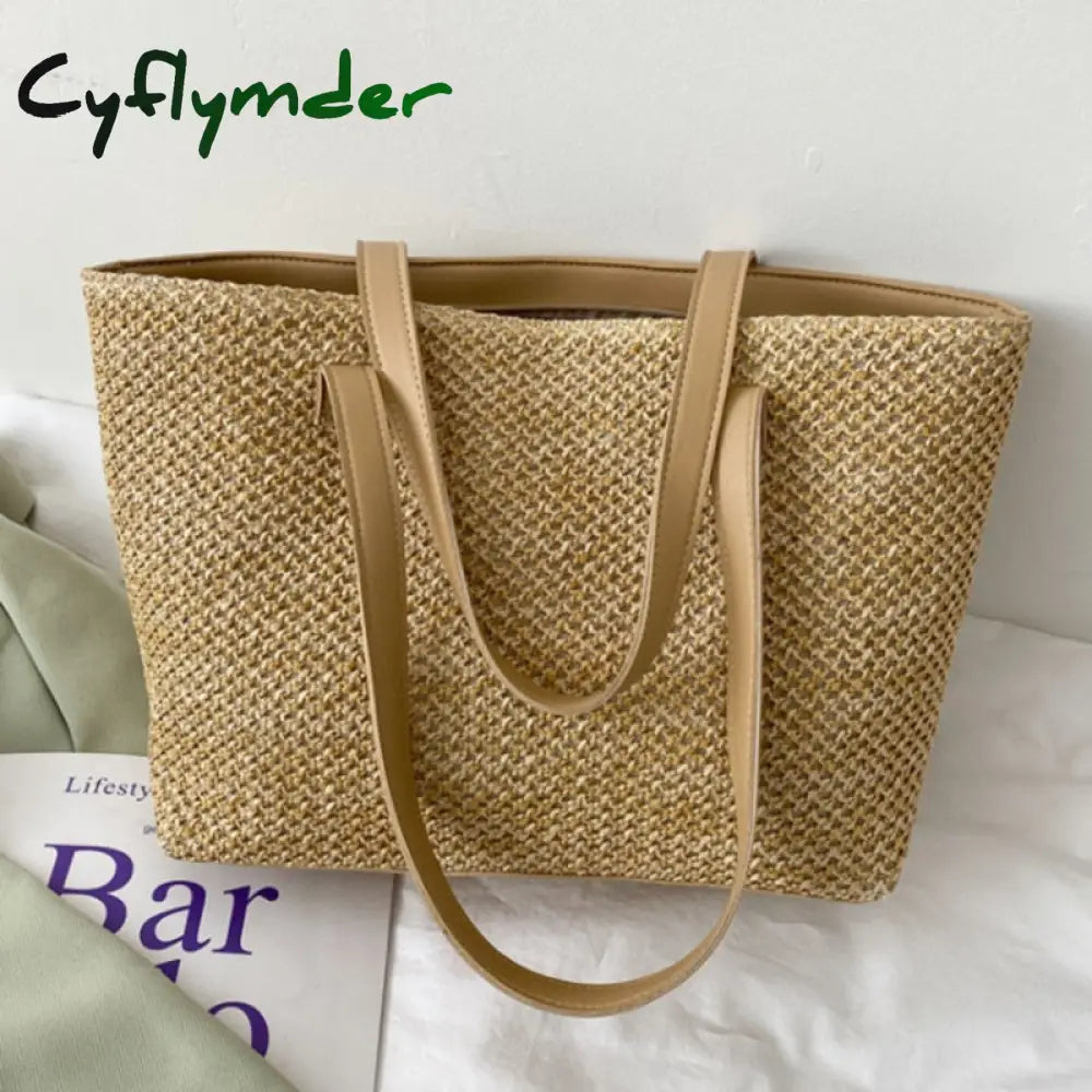 Cyflymder Summer Women’s Tote Bags Leisure Straw Woven Handbags Beach Travel Shopping Khaki